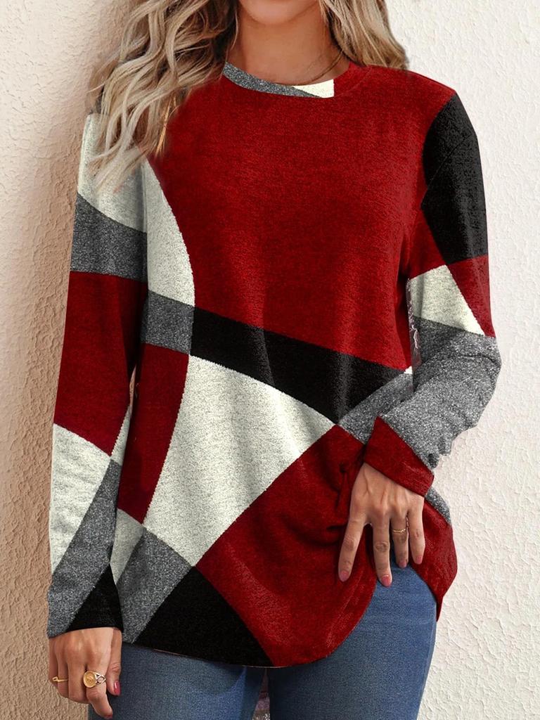 Spring Casual Geometric Color Block Wool Long Sleeve Printed Loose T-Shirt Women Top