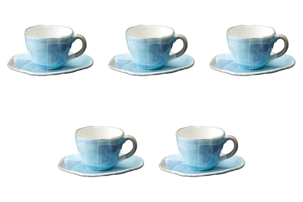 Set of 5 Blue Tokusa Tatara Coffee Cups x x cm Ceramic Cups Saucers by Setomonohonpo [10.2 8.2 5.9 (190cc)] &