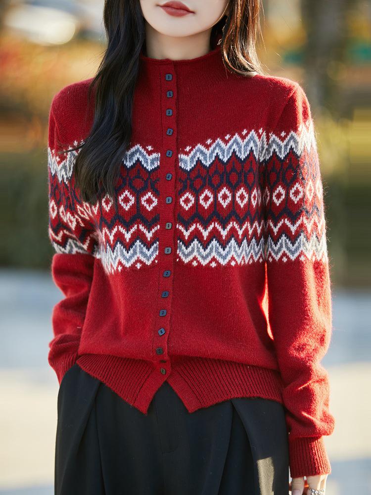 Chic Textured Color Block Jacquard Sweater: Women's Semi-High Neck Loose Knit Cardigan for Spring & Autumn