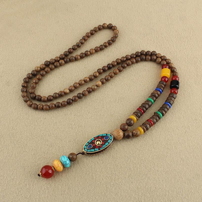 Vintage Sweater Chain Zircon Pendants Ethnic Women Fashion Versatile Wooden Bead Long Necklaces Jewelry