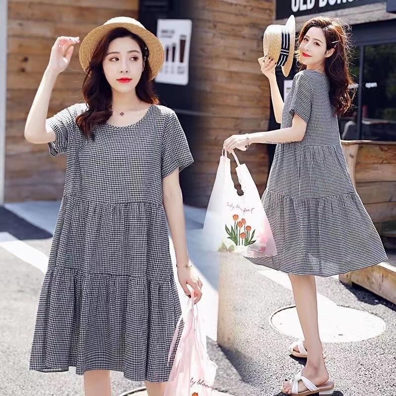 Maternity Clothing Summer New Medium and Long Two-color Round Neck Plaid Skirt Loose and Thin Belly-covering A-word Dress