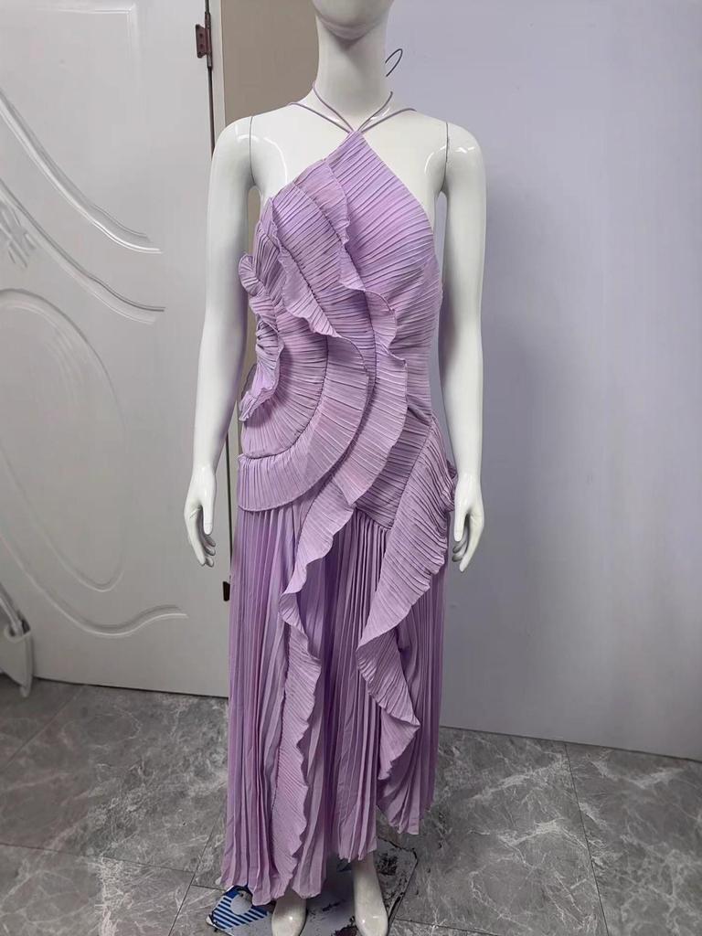 High-End Women's Chiffon Midi Dress with Ruffle Pleats, European and American Fashion