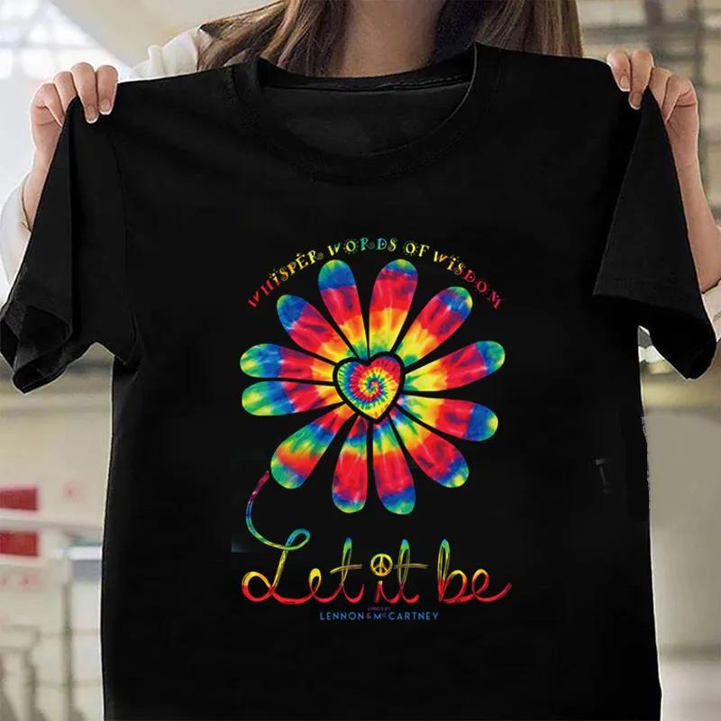 Let It Be Renkli Ayçiçeği Baskılı Tişört Kadın Kısa Kollu O Yaka Bol Tişört Kadın Günlük Tişört Üstler Camisetas Mujer