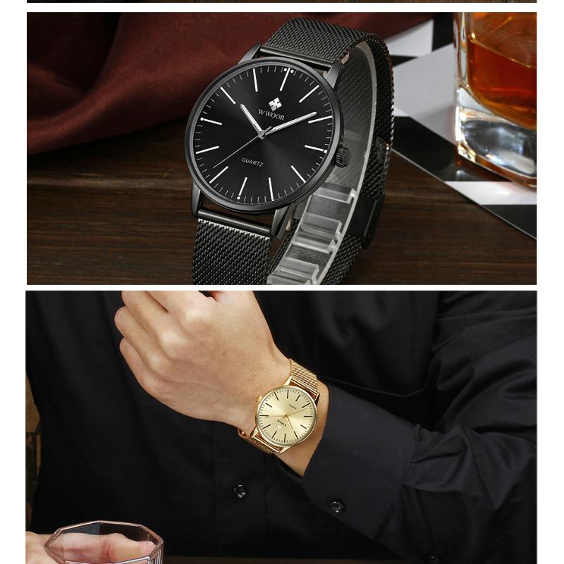 WWOOR Gold Watches Ultra Thin Simple Men Quartz Watches Waterproof Mesh Belt Full Stainless Steel Wristwatch