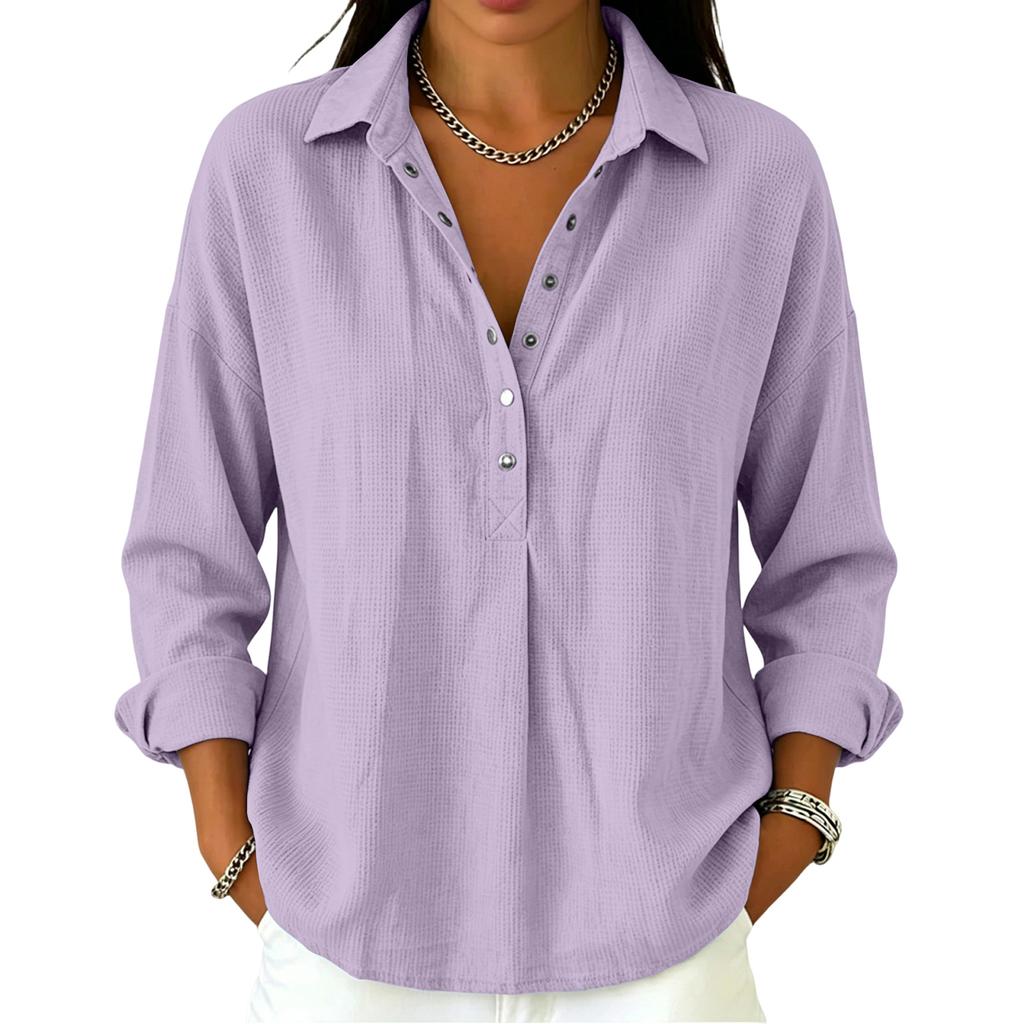 Women's Casual Long Sleeve Polo Shirt Button Front Waffle Texture Pullover Lightweight Relaxed Fit Top for Everyday Wear