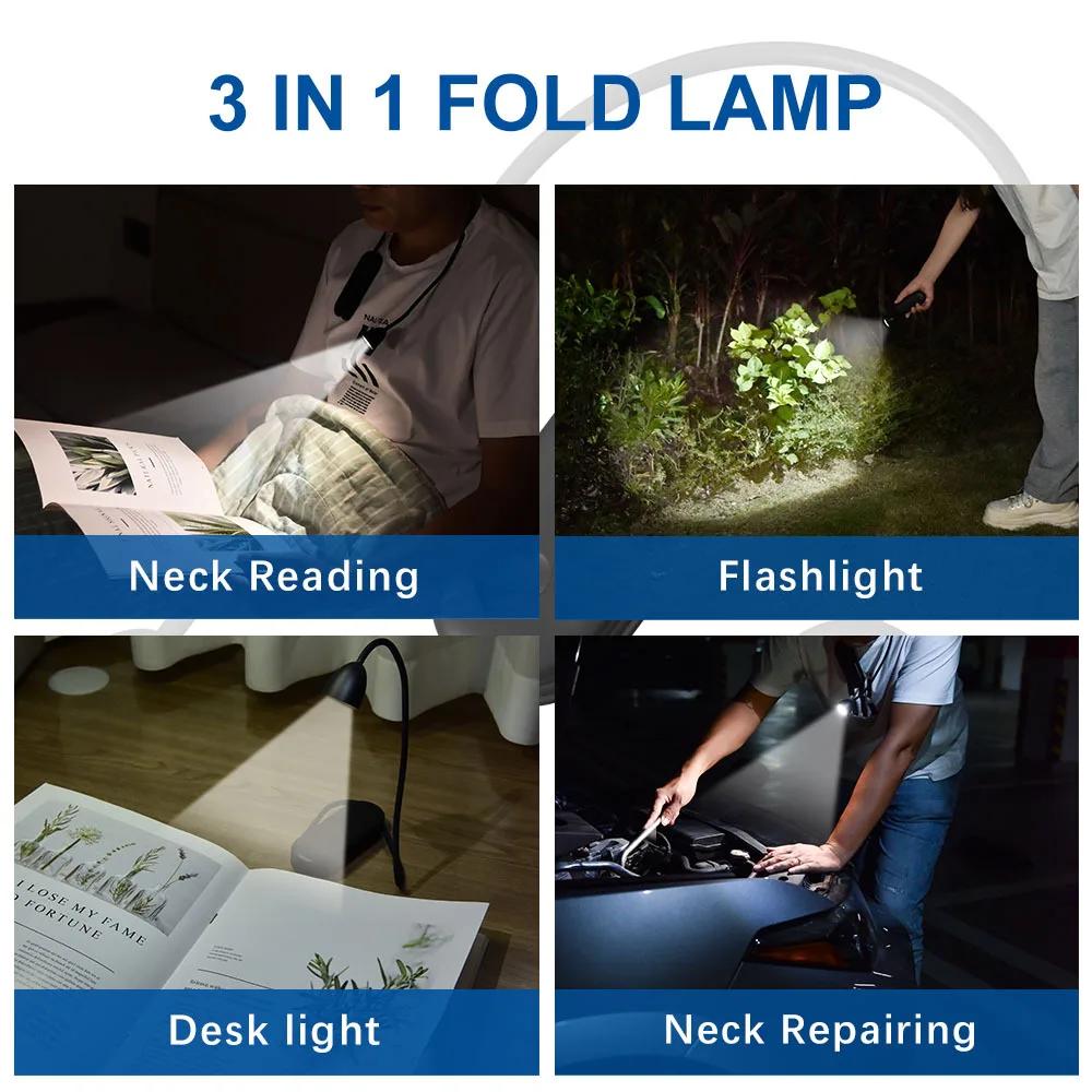 3-in-1 Neck Light Portable Reading Book Lamp Folding LED Lights Rechargeable Night Light Flashlight Bedroom Repairing Learning