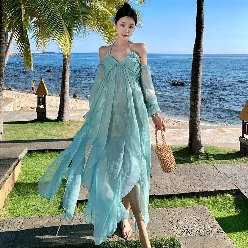 Blue-green Vacation Wind Suspender Dress Edge Photo Irregular Fairy Beach Dress Travel Photo Off-the-shoulder Long Dress