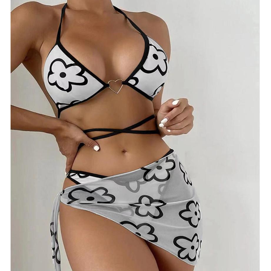 

Сексуальный обертывающий цветочный бикини женский купальник женский купальник из трех частей бикини комплект с саронгом купальный костюм купальный костюм S чёрный