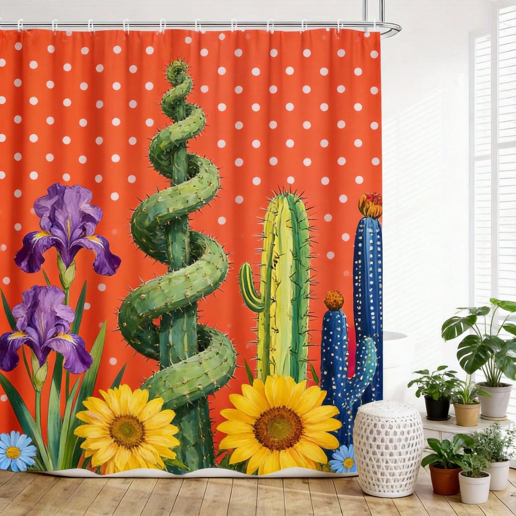 Cactus Shower Curtain 180x180cm – Whimsical Desert Garden with Blooms, Boho Southwestern Bathroom Decor, 12 Hooks