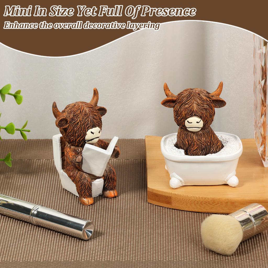 2 Pcs Scottish Highland Cow Resin Figurines Funny Bathing & Reading Highland Cow Statue for Office Bathroom and Home Decoration