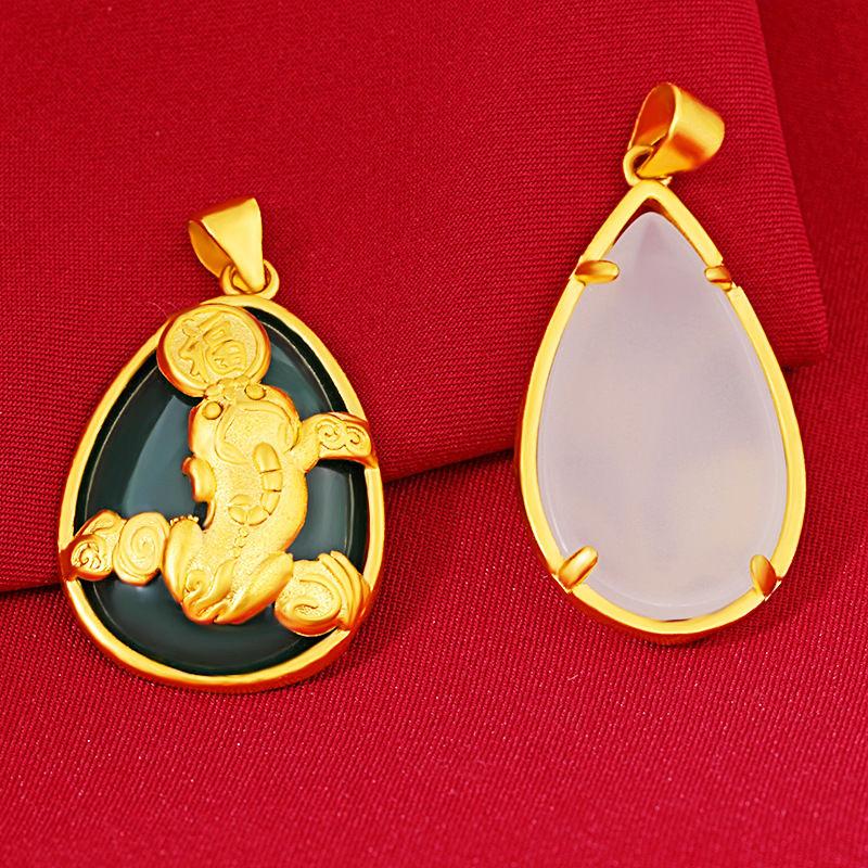 2 Styles Gold Color Classic Jade Pendant Female Retro Gold Pixiu Pendant Gold Inlaid with Jade