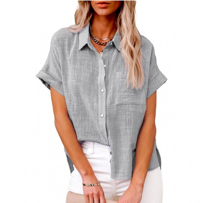 Frauen Sommer Einfarbig Baumwolle Leinen Shirts Revers Kurzarm Button Up Unregelmäßige Tasche Blau Weißes Hemd