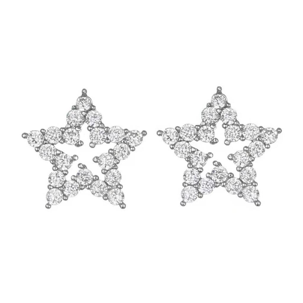 Elegant Copper-Plated White Gold Stud Earrings with Zirconia Five-Pointed Star and Micro-Inlaid Diamonds