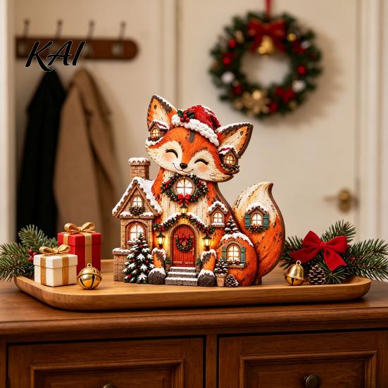 Indoor Xmas Ornaments Christmas Wooden Fox Village House Table Ornament, Wood Block Tabletop Holiday Gift for Friends Centerpiece Farmhouse