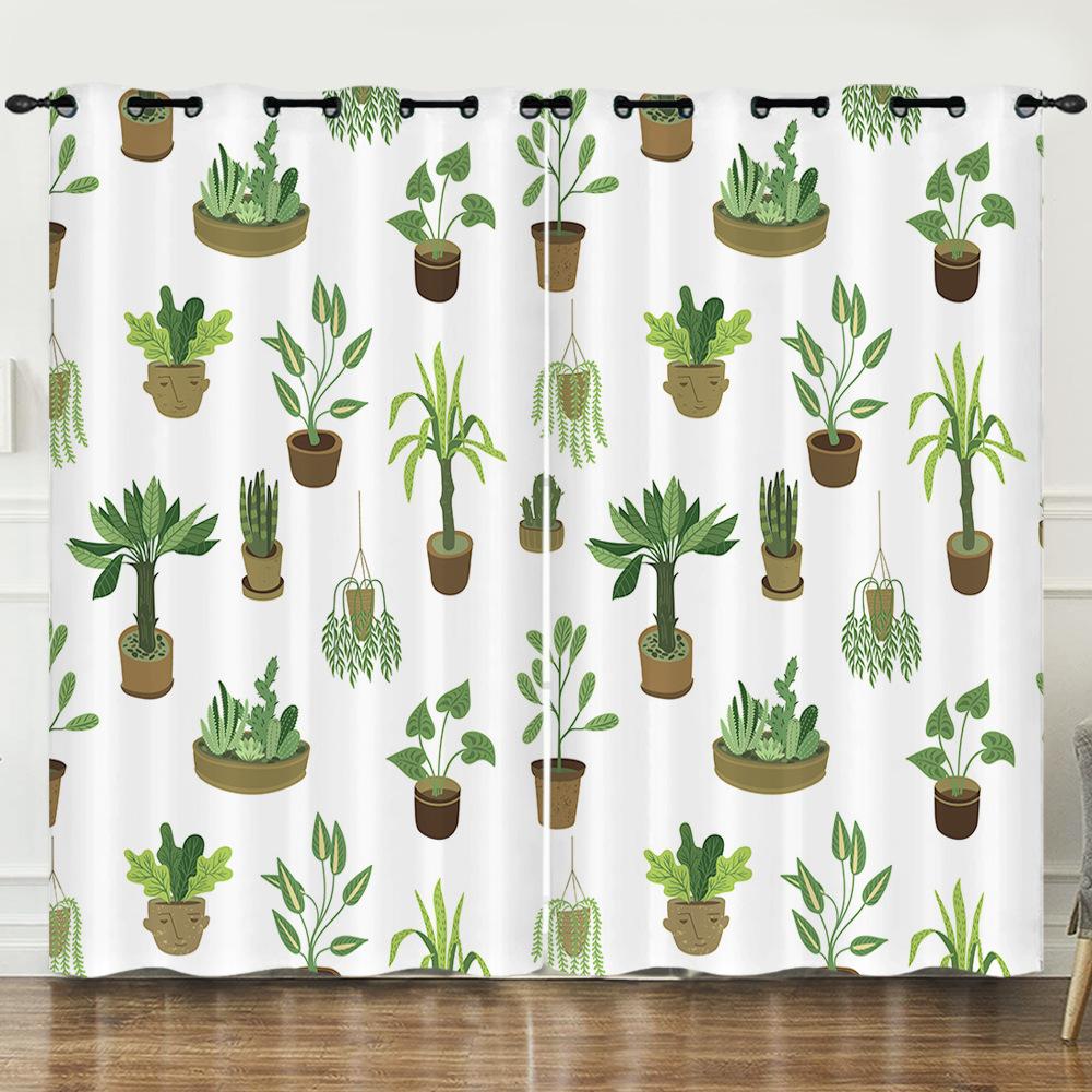 Curtains Fresh Green Plants Hand-Painted Cactus 3D Digital Printing Blackout Curtain Punching