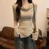 Women's Cowl Neck Long Sleeve Slim Fit Irregular Top - Stylish Autumn Base Layer Shirt