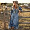 Asymmetric Hem Dress Denim Print Maxi for Women, Casual Long Sleeve V Neck Dress, Summer Loose A-line Flowy Vacation