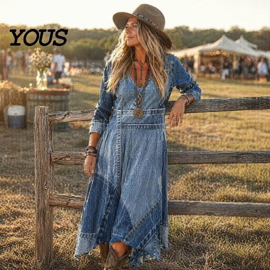 Asymmetric Hem Dress Denim Print Maxi for Women, Casual Long Sleeve V Neck Dress, Summer Loose A-line Flowy Vacation