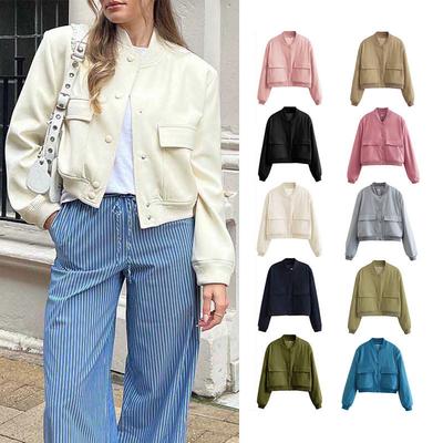 Women Solid Color Stand Collar Zip Up Jacket Casual Long Sleeve Pocket Decor Cropped Bomber Jacket Streetwear