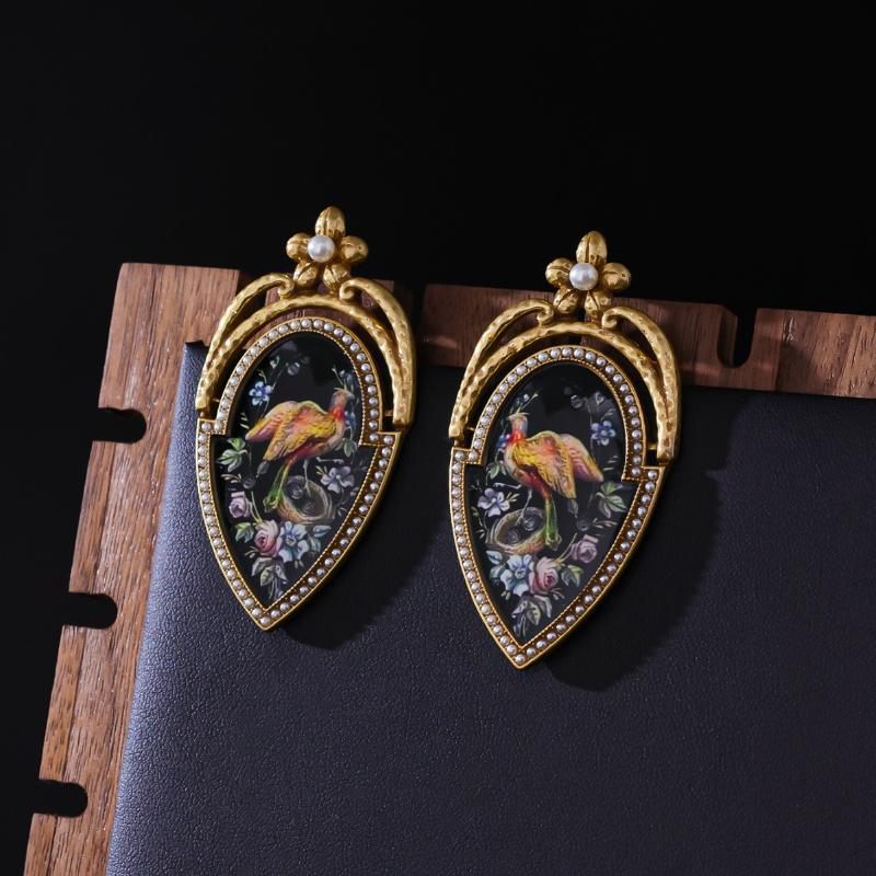 Vintage Floral And Bird Pattern Earrings Retro Palace Style Light Luxury Artistic Diamond-Studded Elegant Jewelry Gift