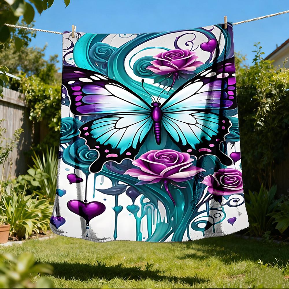1pc Butterfly Roses Heart Outdoor Flannel Blanket Soft All Season Polyester Throw , Perfect for Picnics & Travel , Picnic Accessory