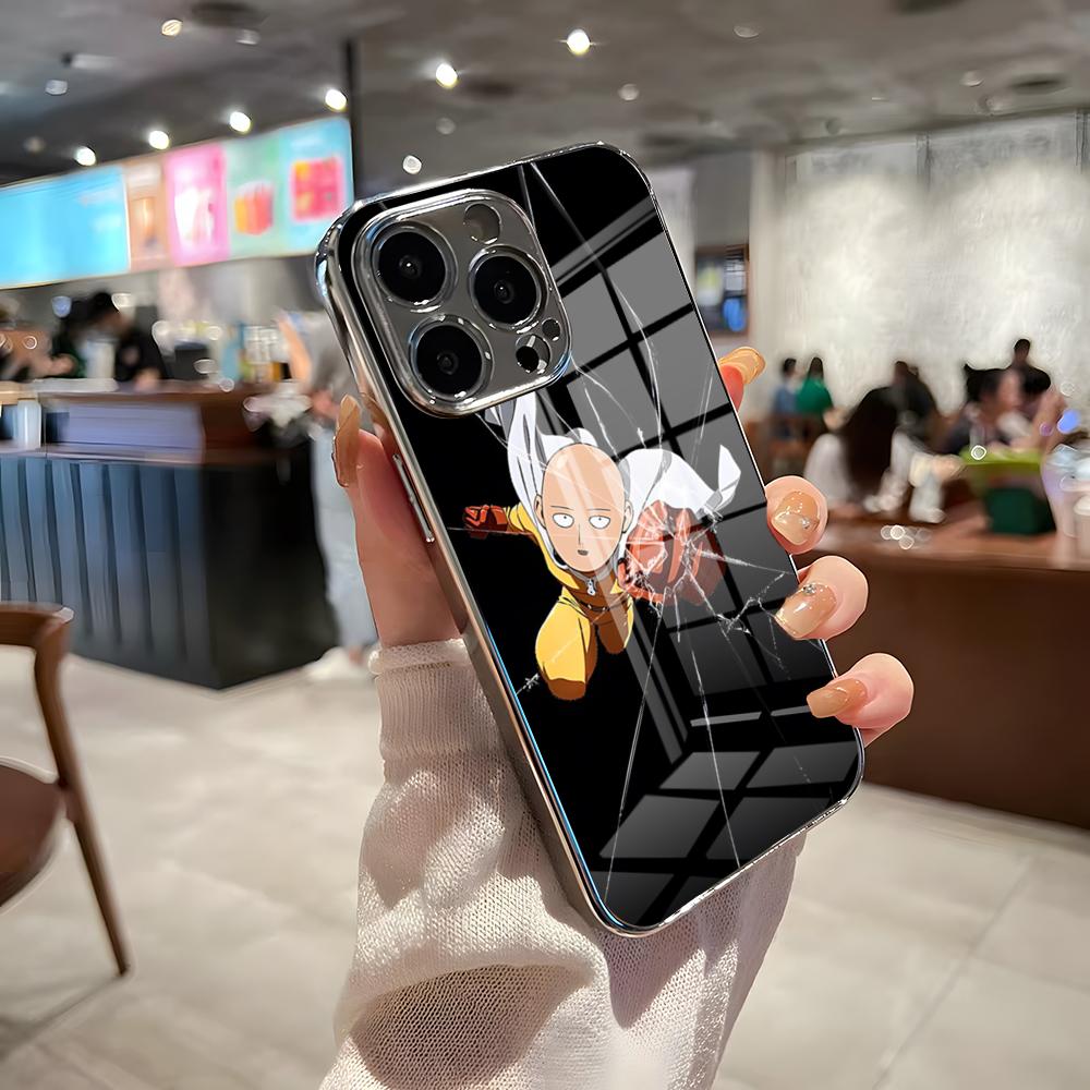 One-Punch Man Phone Case For IPhone 17 Pro Max 15 Pro 16 14 Plus 12 13 Mini 11 Pro Shockproof Electroplated Glass Cover