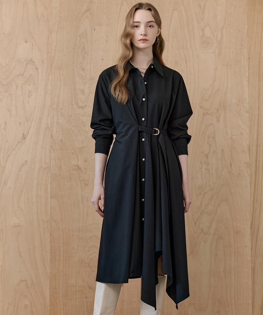 MAXZA Asymmetrical Drape Belted Shirt Dress