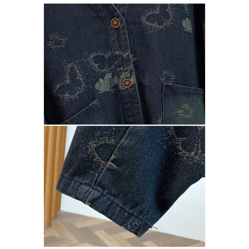 DIMANAF 2026 Autumn Winter Plus Size Women Denim Jackets Coat Casual Loose Blue Print Floral Vintage Outwear Pockets