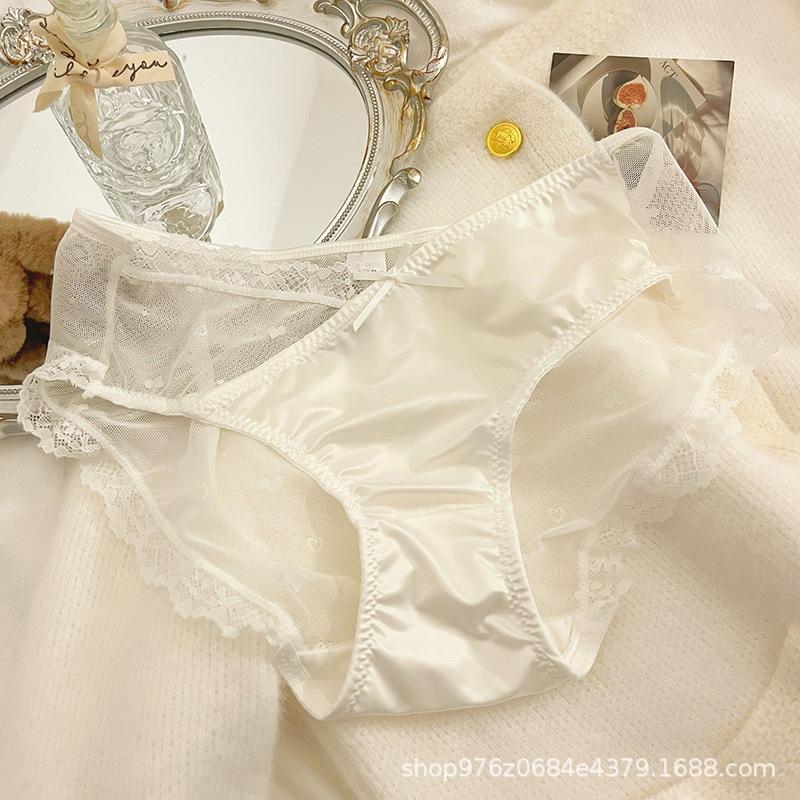 French-style Satin Niche Sexy Pure Lace Cream Triangle Panties Pure Cotton Crotch Low-rise Women's Underwear