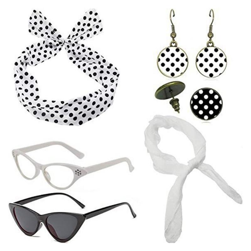 1950's Womens Costume Accessories 50s Scarf Cats Eye Glasses Bandana Tie Polkas Dot Headband Drop Earrings for Halloween