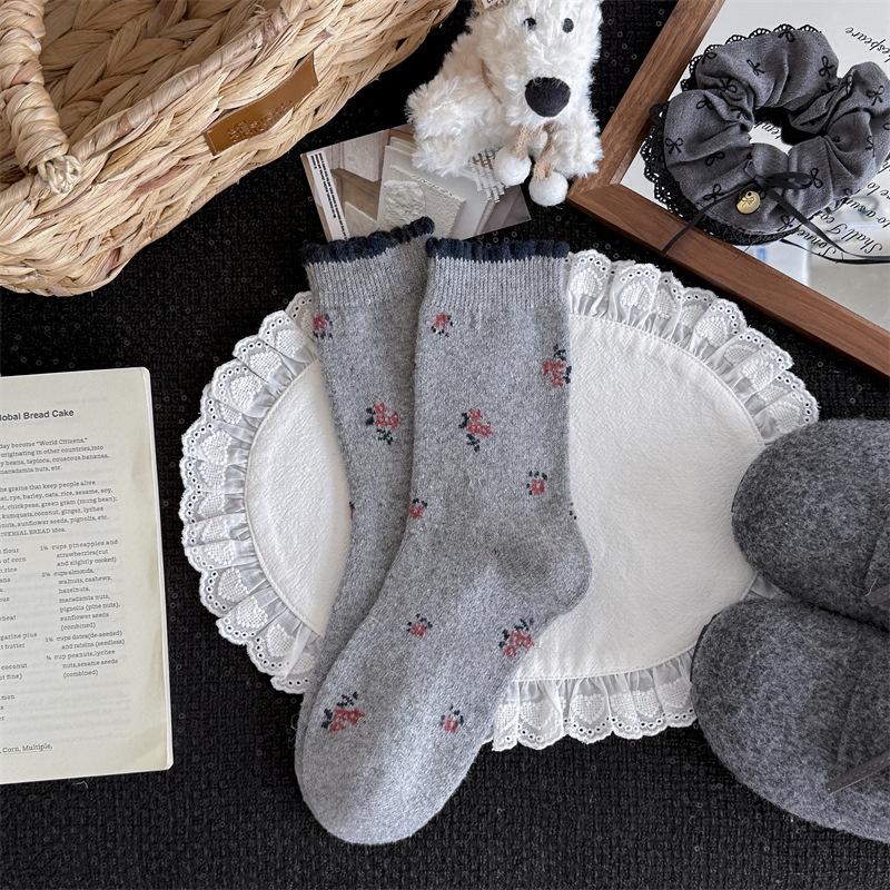 Floral Wool Socks - Children's Autumn and Winter Woolen Textured Mid-length Socks with Added Thickness for Warmth. Trendy Pile Socks for Winter.