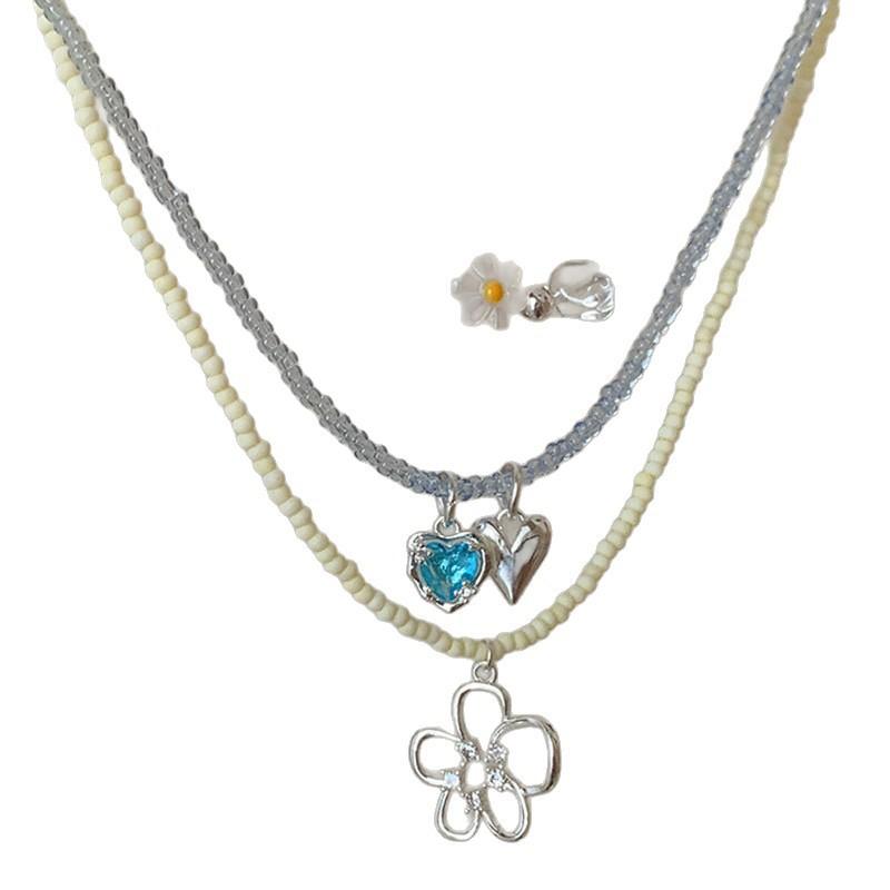 Layered Pearl Shell Heart Flower Pendant Necklace Women Gold Plated Multi-Strand Choker Chain 31-40cm Adjustable Length INS