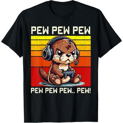 Otter Gamer Pew Funny Video Games Vintage Boys Men Girls T-Shirt(1)