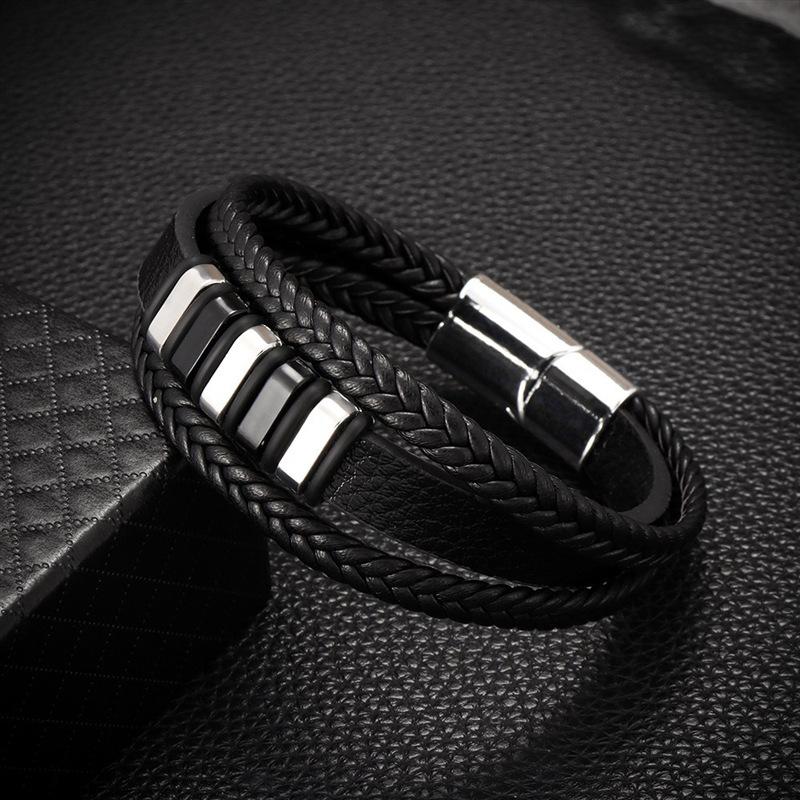 Men’s Tribal Style Stainless-Steel Leather Bracelet – Fashion Magnetic Clasp Titanium Steel Wristband