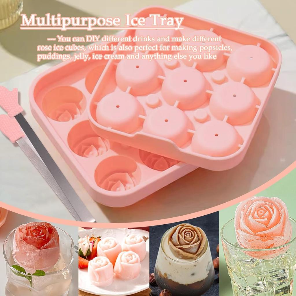 Ice Cube Mold with Lid, Silicone Rose Ice Cube Tray with Mini Tongs, Rose Ice Cube Trays for Freezer, Easy Release Ice Trays Maker, Make 9 Ice Ball