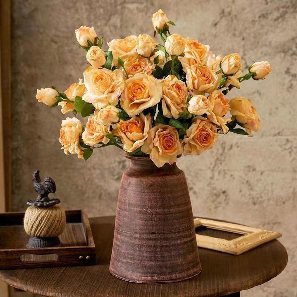 Artificial Single Stem with 3 Heads and Burnt Eges Rose,Faux Silk Artificial Flowers,DIY Artificial Flowers for Home Living Room