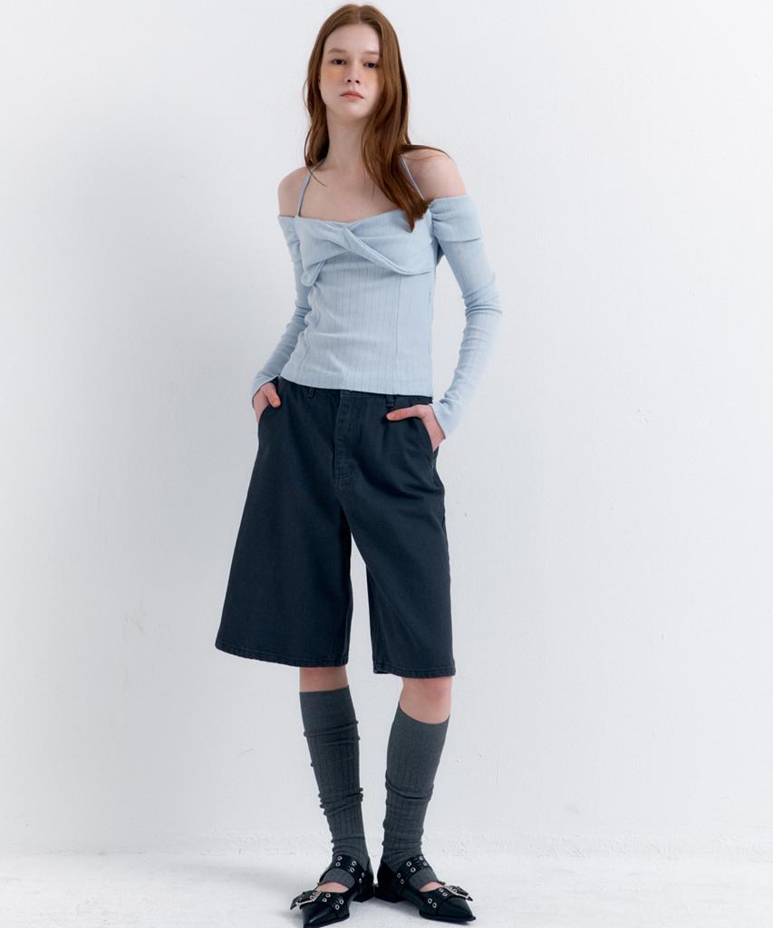 RAVEROUS Shirred Off-Shoulder T-Shirt Sky Blue