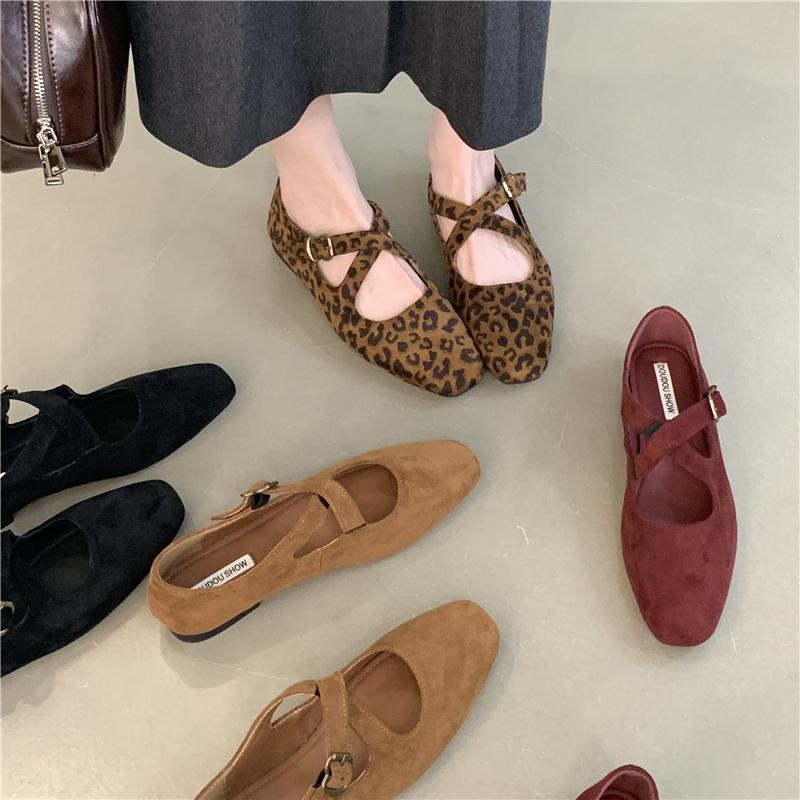 French Retro Cross-strapped Mary Jane Shoes Leopard Print Light Mouth Not Tired Feet Single Shoes Fairy Soft-soled Ballet Flats