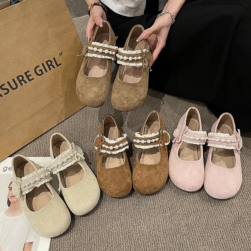 Wind Night Wear Soft Sole Night Foot Pearl Fairy Velcro Spring Mary Jane Shoes Woman Not Tired Single Shoe Temperament