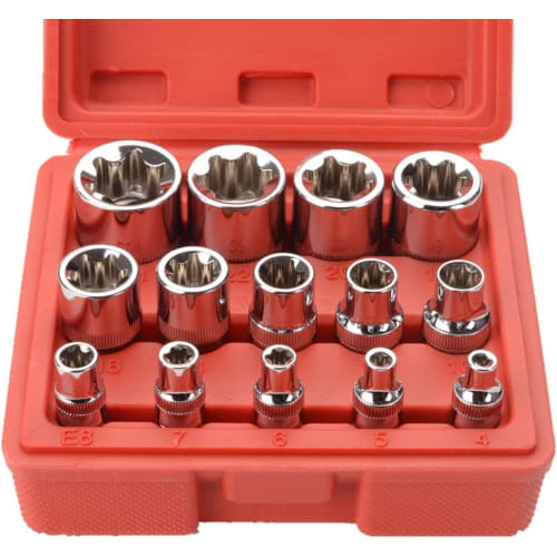 HYCDIYTS 14-Piece E-Type Torx Socket Set, Star and Flower Shape, Socket Wrench, Screw Remover, E-Type Socket, with Storage Box (Red)