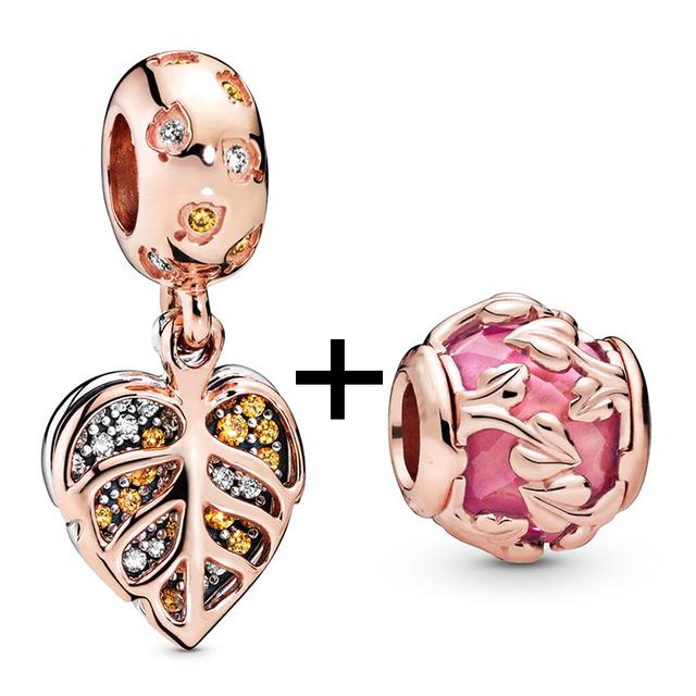 2pcs /Lot New Trend Crown Feather Zircon Hollow Leaves Beads Fit Original Brand Charms Silver Color Bracelets Women Diy Jewelry