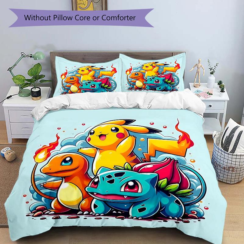 

3 шт. Легендарные стартеры Покемонов Комплект постельного белья с принтом (1 Пододеяльник + 2 Наволочки, Без Наполнителей), Этот постельный комплект с принтом мягкий и удобный 135x200cm