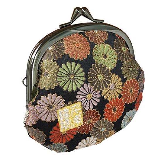 Senshishuin Nishijin Brokatverschluss Runde Geldbörse Chrysantheme in voller Blüte 3,5-Zoll Geldbörse/Münzbeutel (Gefüttert) (Schwarze Blüte)