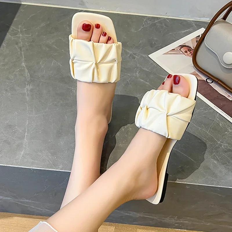 Summer Slippers For Women Flip Flops Flats 2025 New Pleated Korean Slippers Women Sandals Green Slip On Shoes Big Size 35-42