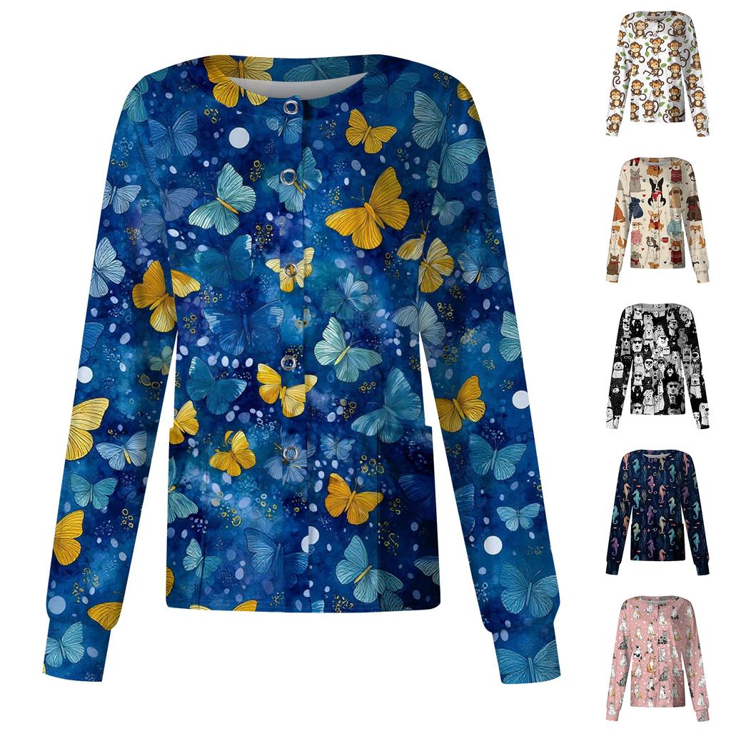 Women's Casual Long Sleeve Single Button Cardigan Animal Print Lightweight Open Front Workwear Top for Caregivers and Professionals