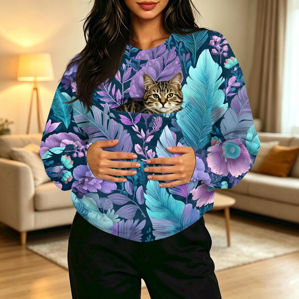 Women's Casual Crewneck Vintage Print Long Sleeve Sweatshirt with Front Pocket