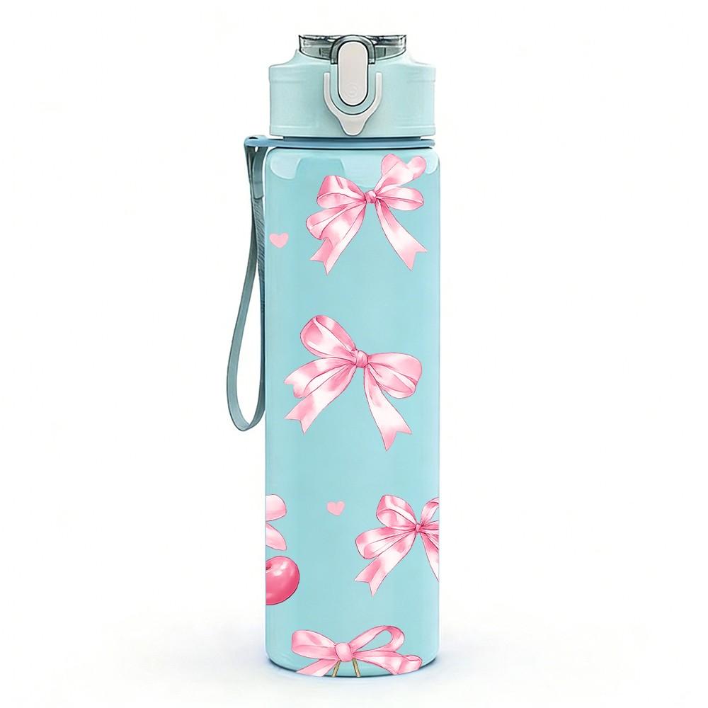 1PC Pink Bow Ribbon Seamless Print 750ml Color Plastic Sports Water Bottle Leakproof Flip Straw Lid Suitable for Sports Office Home Use