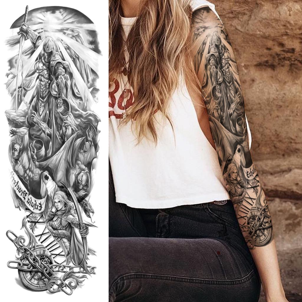 1 Sheet Full Arm Temporary Tattoos For Women Adults Men Spartan Warrior Realistic Fake Knight God Zeus Tattoo Sticker Fashion