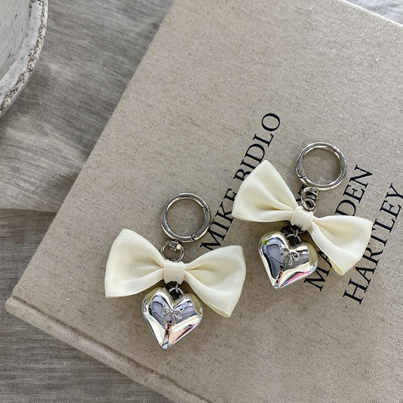 Pink Bowknot Key Chain Ins Style Silver Heart Phone Pendant Headphone Case Charm Bag Decor Car Key Ring