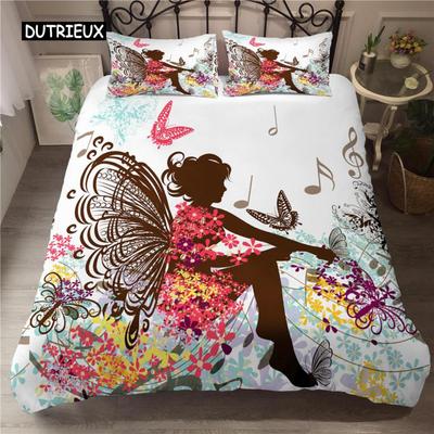 Fee Bettbezug Set Musik Blume Schmetterling Niedlich Steppdeckenbezug Mädchen Cartoon Stil Doppel Queen King Size Polyester Bettwäscheset